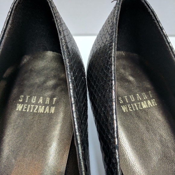 Stuart Weitzman Women's 10M Loafer Pewter Metallic Animal Print Kitten Pumps 3" - Picture 8 of 8