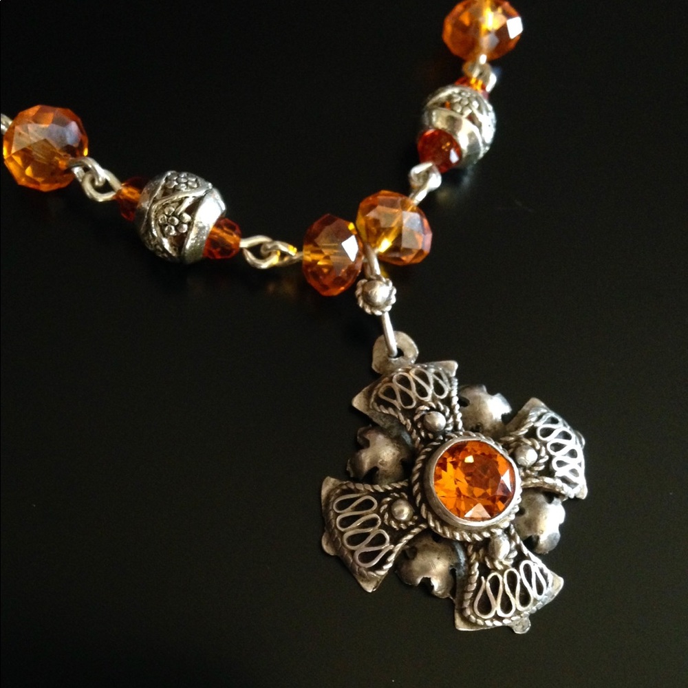 Vintage Sterling Jerusalem Cross, Amber & Crystals