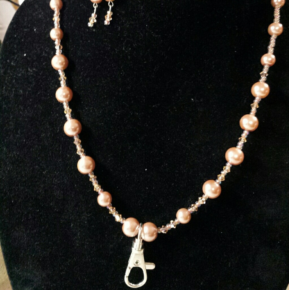 Pink Necklace/badge holder and earrings