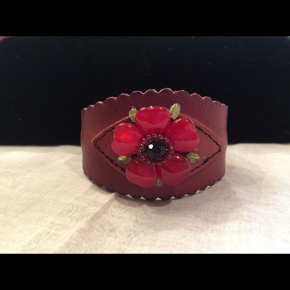 Leather Cuff Bracelet with Beaded Top