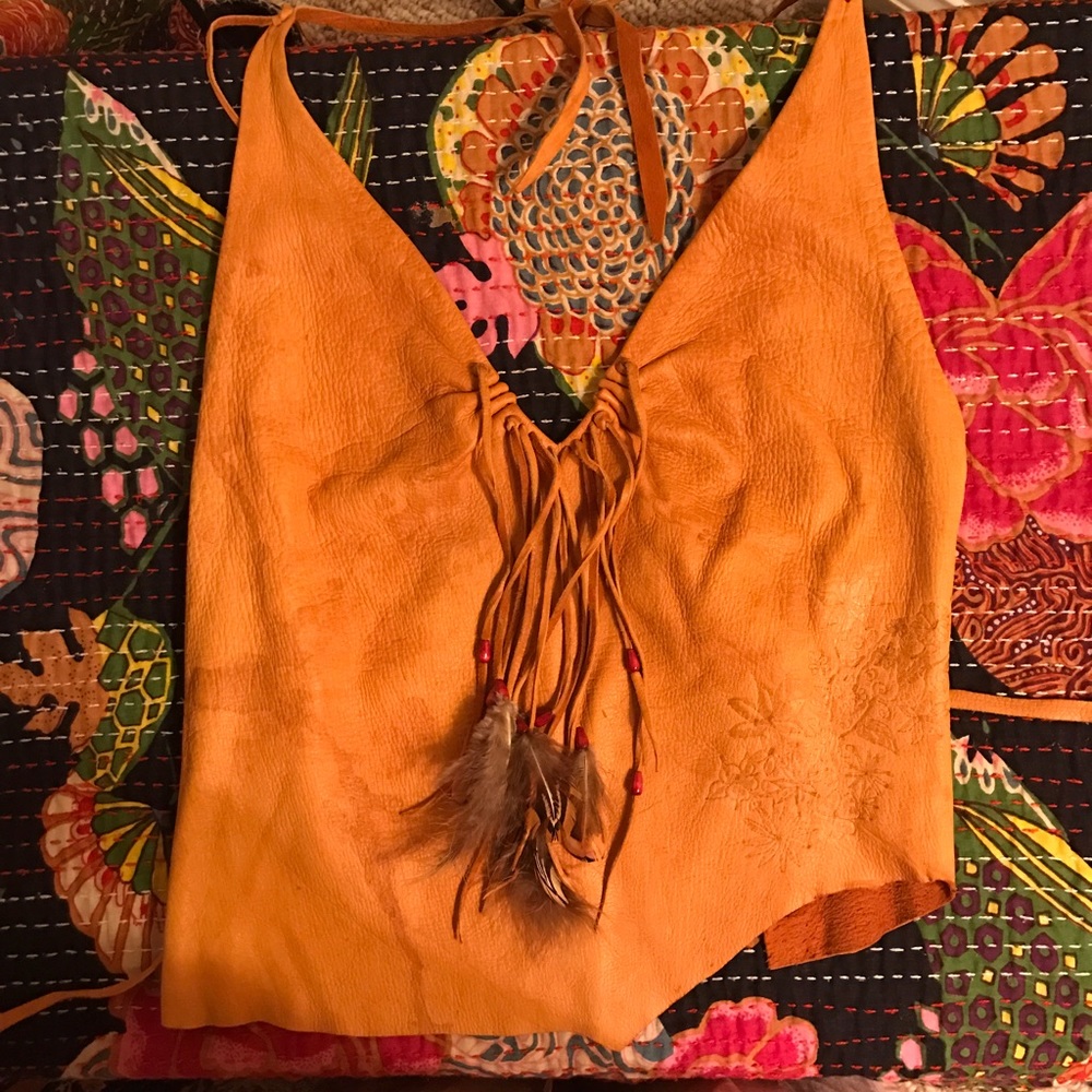 Amazing vintage boho leather fringe halter top