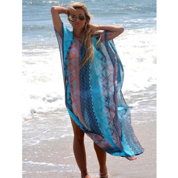 New Cover up Boho Geometric Beach Dress Kaftan - Picture 2 of 5