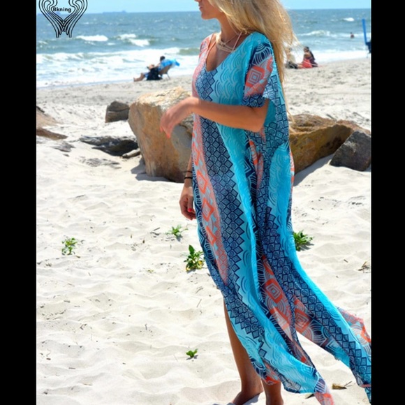 New Cover up Boho Geometric Beach Dress Kaftan - Picture 3 of 5