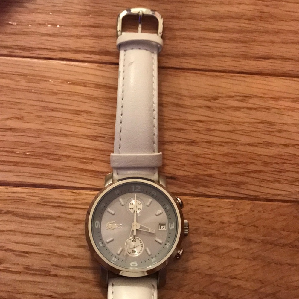 Lacoste Silver Watch Face with White Leather strap