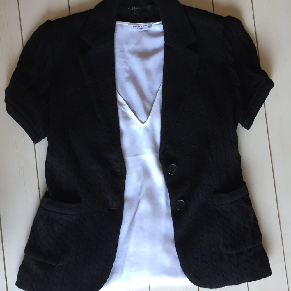 BCBG Black Cable Knit Short Sleeved Sweater Jacket