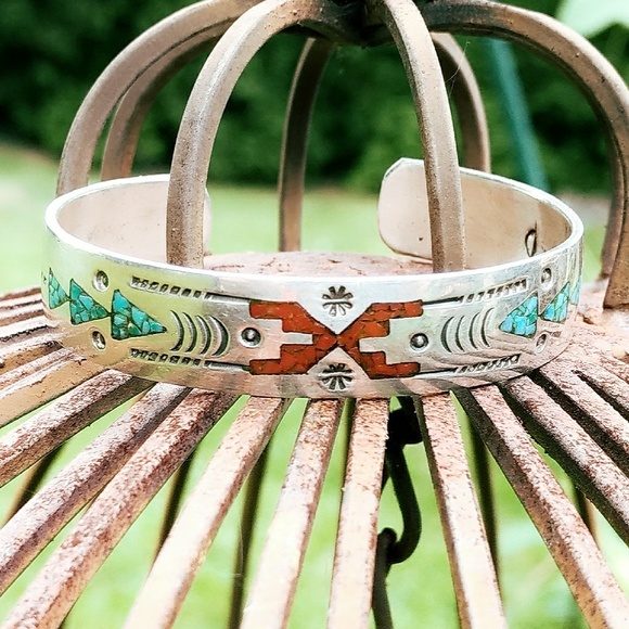 Vintage Jewelry - VTG Navajo Sterling Turquoise Coral Inlay Bracelet