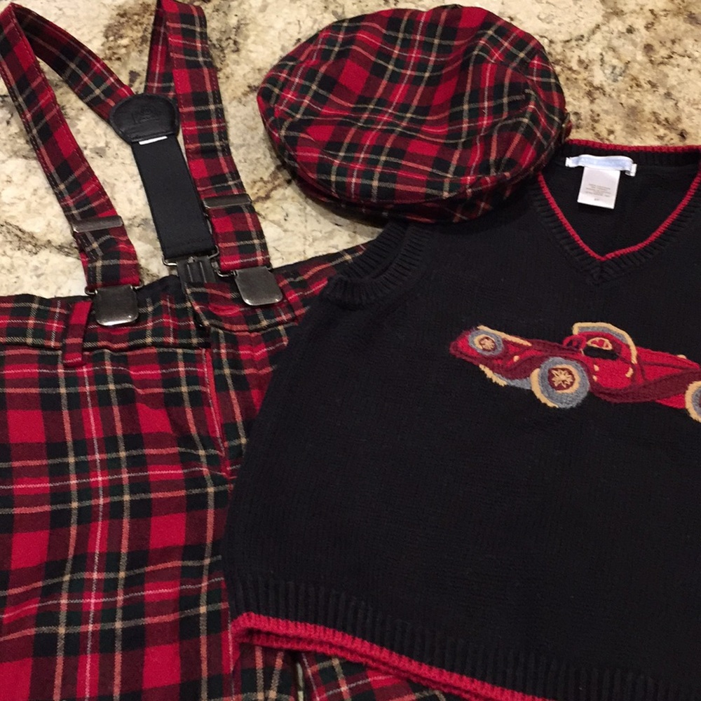 suspender pant, sweater vest and cap set