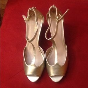 Coach and Four gold  metallic t strap wedge