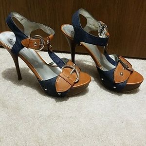 Guess tan and denim heels