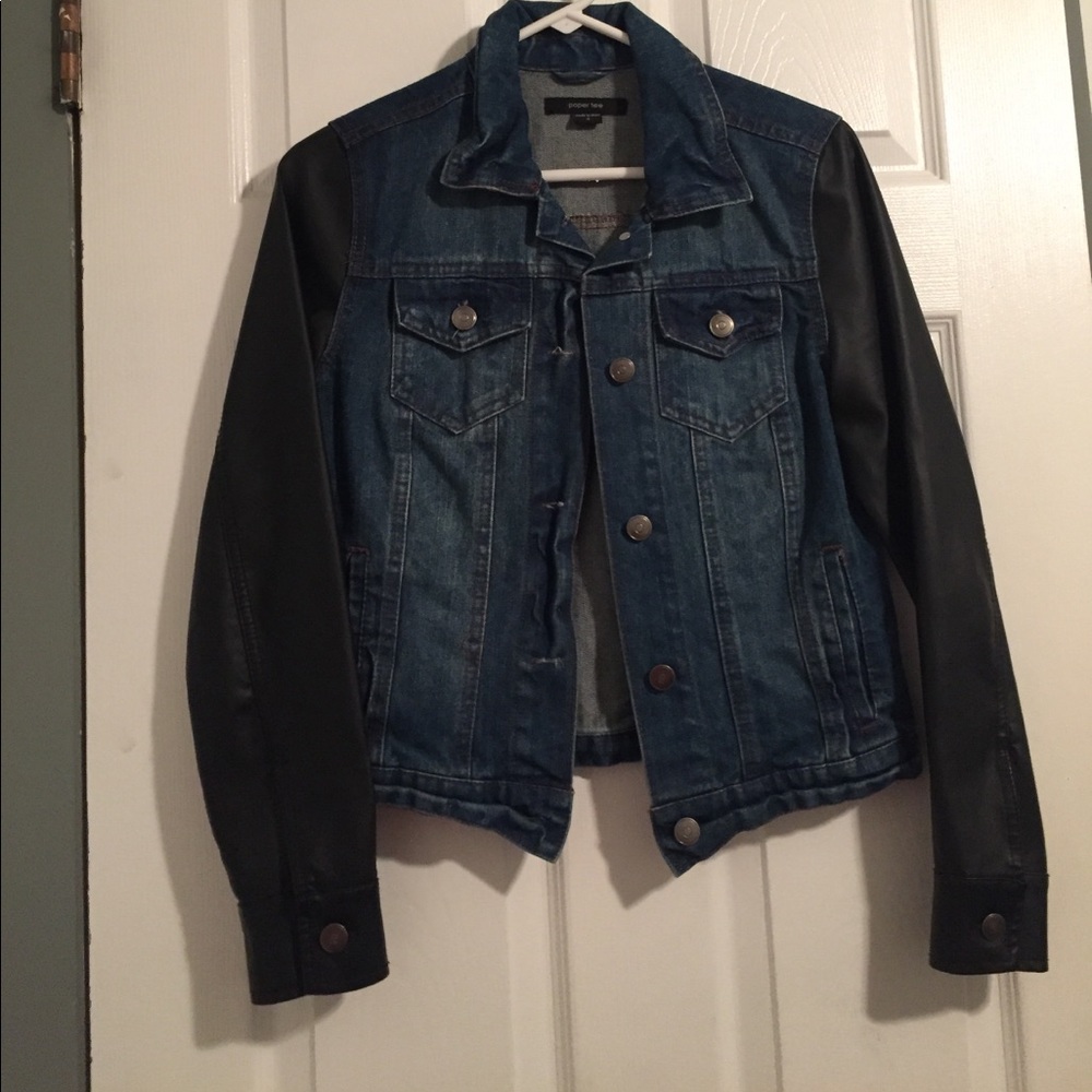 Blue jean jacket with leather sleeves