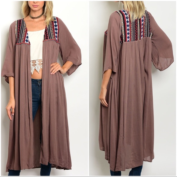 Tops - Mocha Mauve Boho Embroidered Kimono Duster