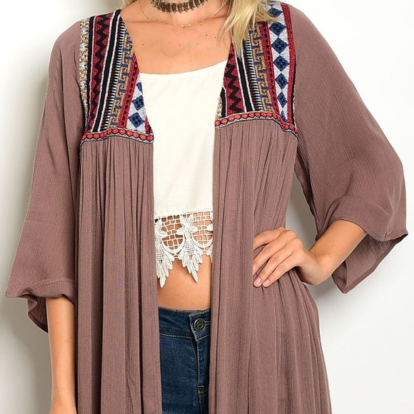 Mocha Mauve Boho Embroidered Kimono Duster - Picture 2 of 3