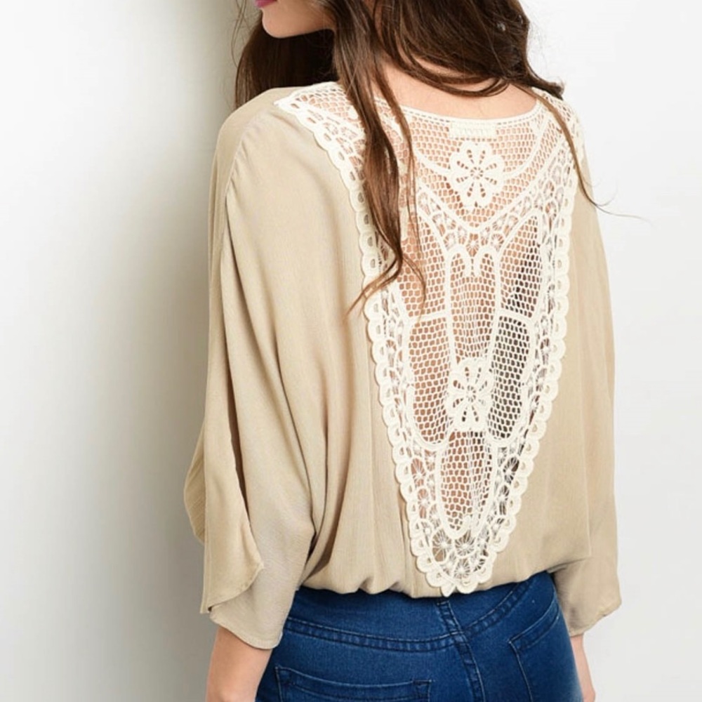 SALELong sleeves taupe top w/ lace back - Picture 2 of 2