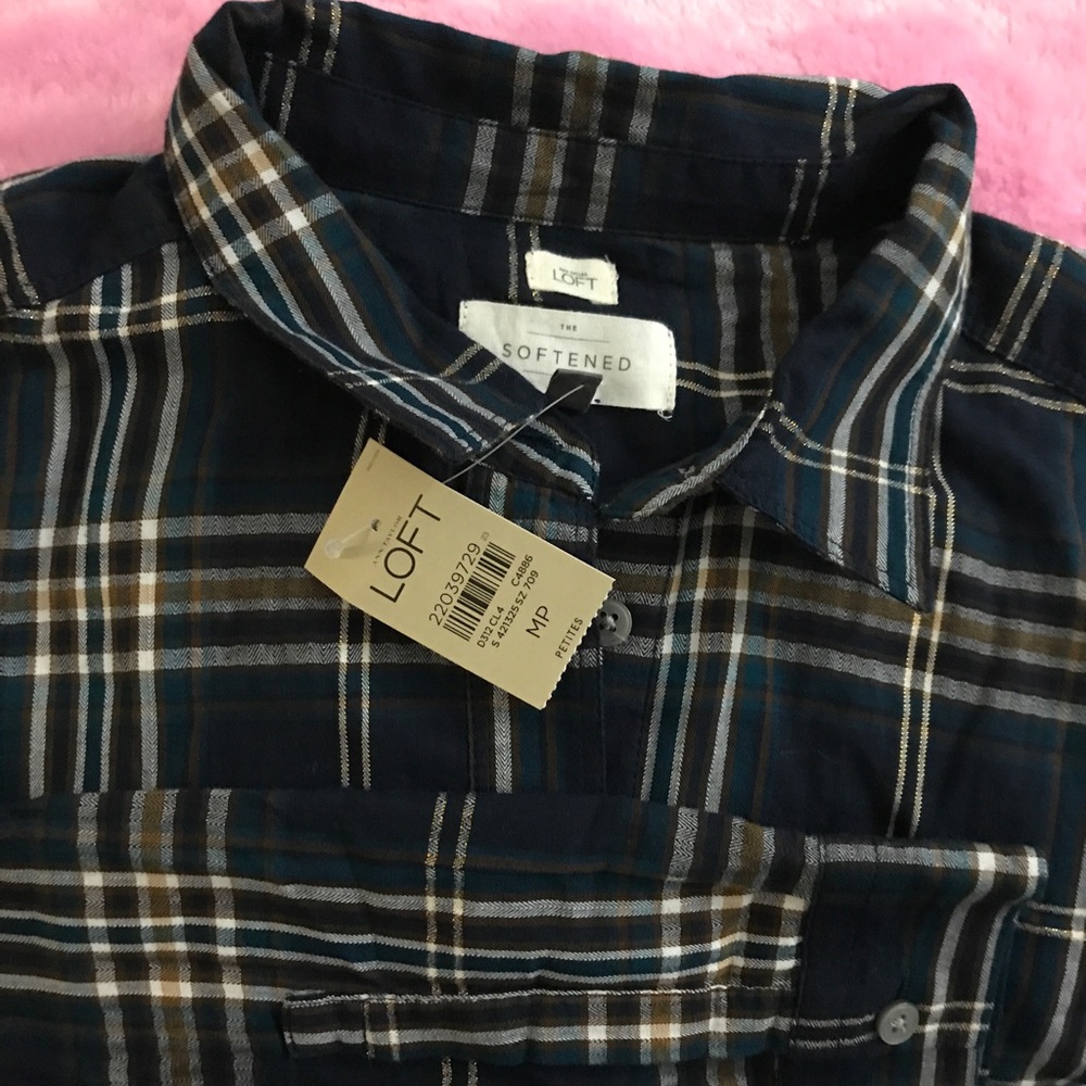 Ann Taylor Loft Green and Gold Plaid Blouse