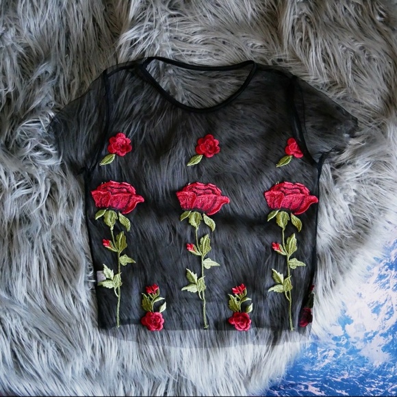 Deathbed Jewels Tops - ✖SOLD✖ Mesh Rose Embroidery Crop Tee 🌹