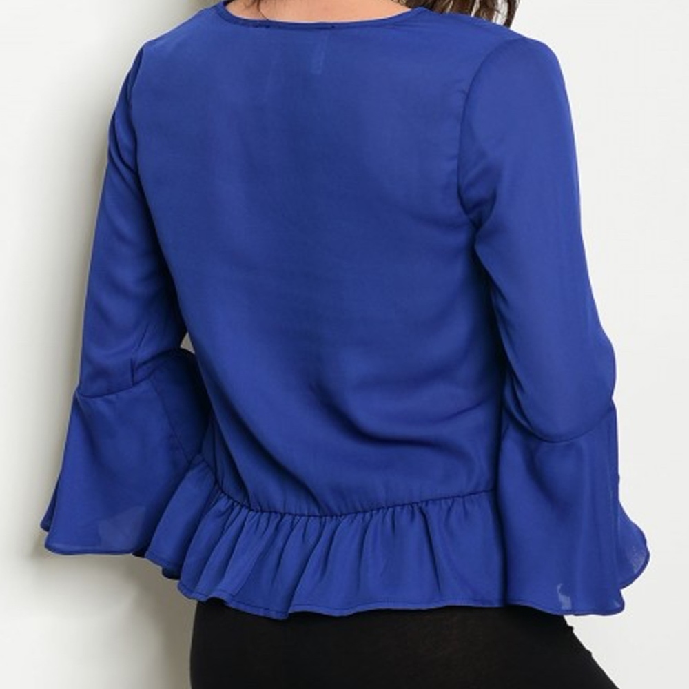 Blue Chiffon Bell Sleeve Ruffle Top Blouse - Picture 2 of 4