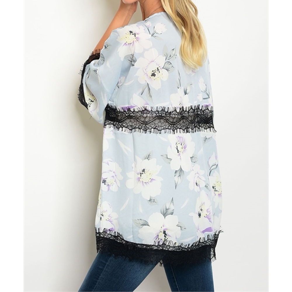 Baby Blue Lace Floral Kimono - Picture 3 of 6