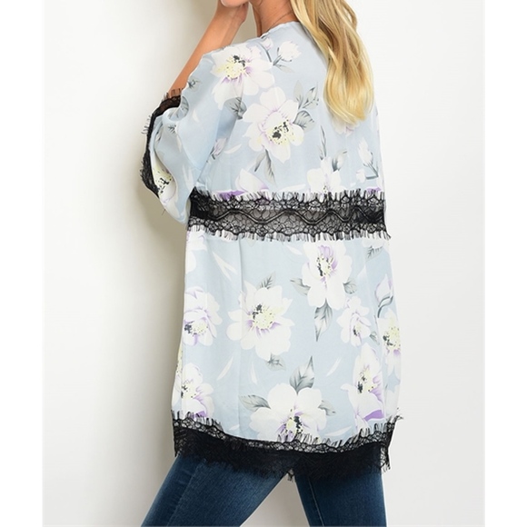 Baby Blue Lace Floral Kimono - Picture 3 of 6