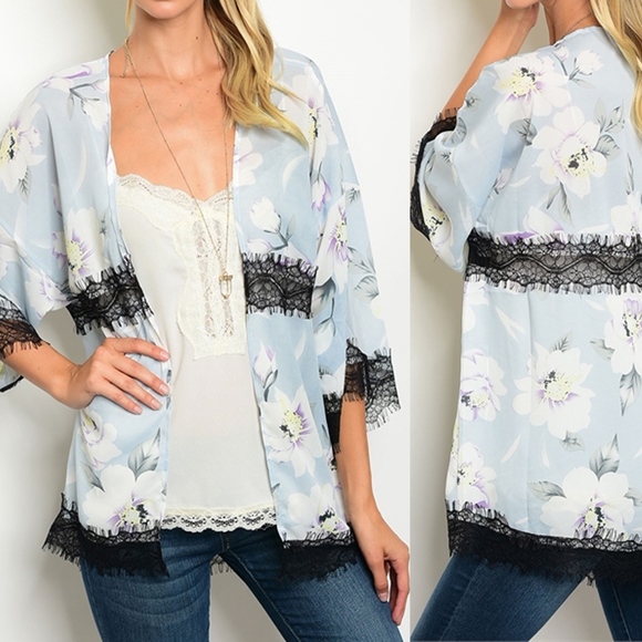 Baby Blue Lace Floral Kimono - Picture 2 of 6