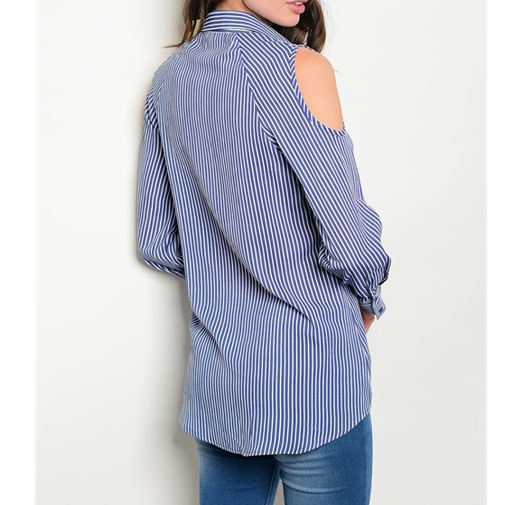 Blue Stripe Cold Shoulder Button Down - Picture 2 of 4