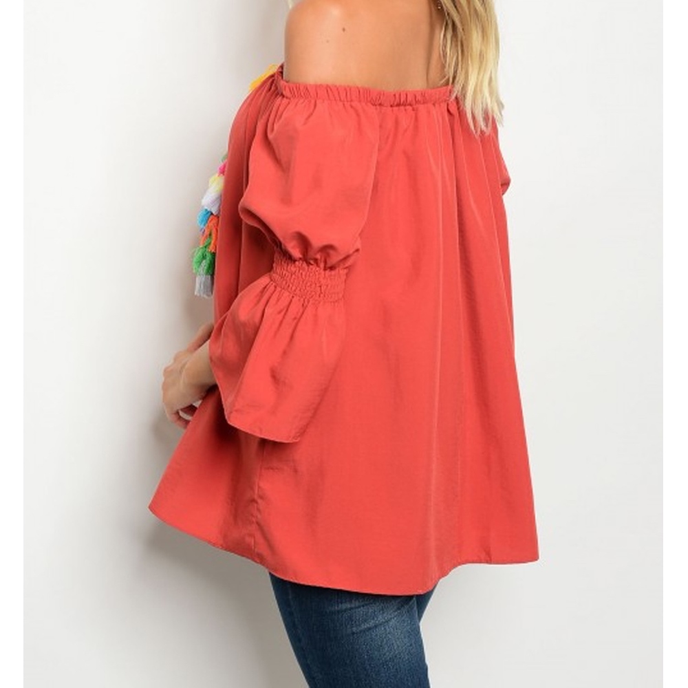 Off Shoulder Ruffled Sleeve Brick Top - Picture 2 of 5