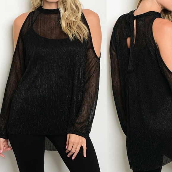 Black Cold Shoulder Shimmer Sheer Top - Picture 2 of 4