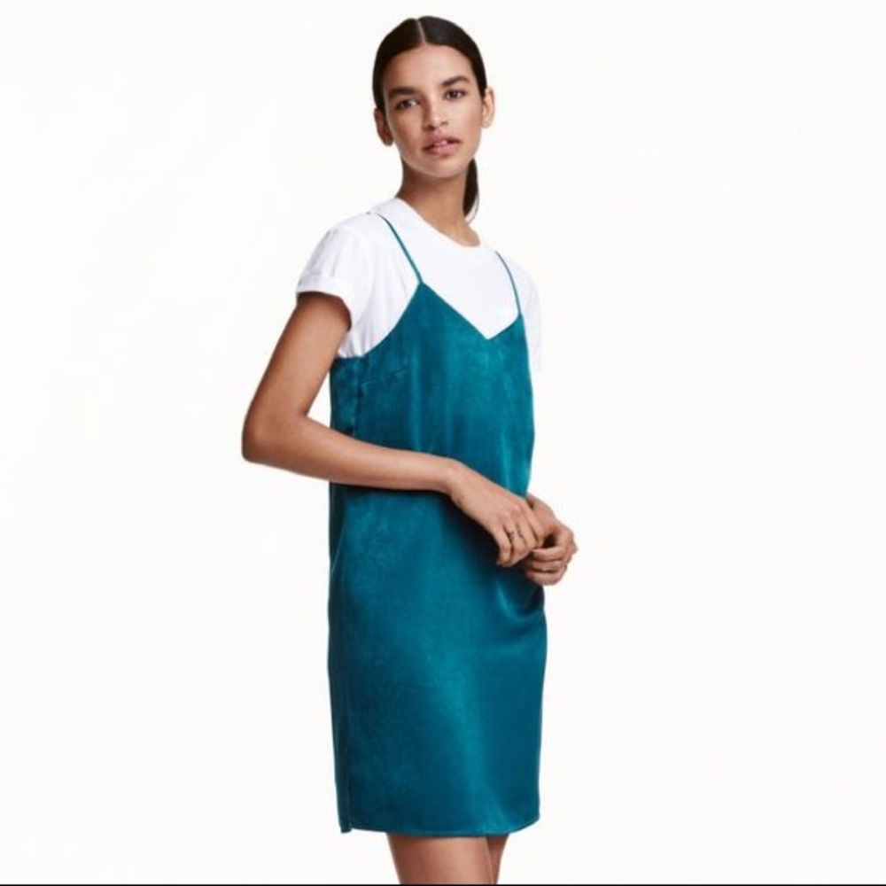 H&M teal/ blue satin shift dress