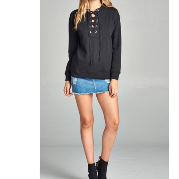 LACE UP FRONT FRENCH TERRY TOP - Picture 2 of 3