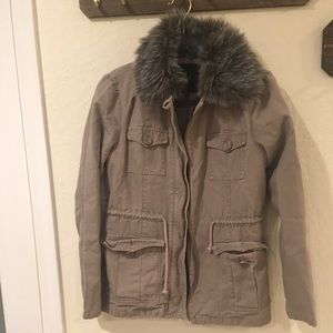 Simple grey parka with fur collar