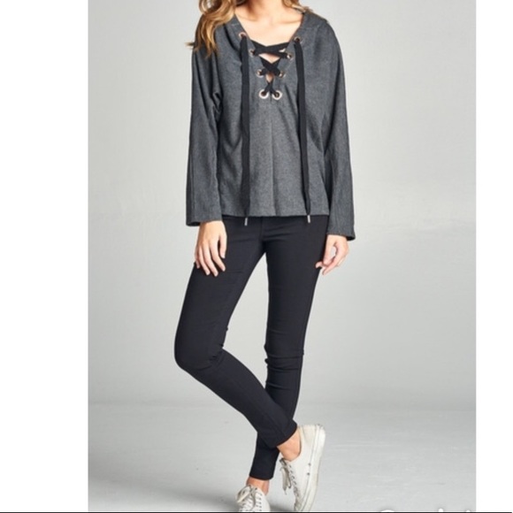 LACE UP FRENCH TERRY HOODIE TOP - Picture 2 of 4