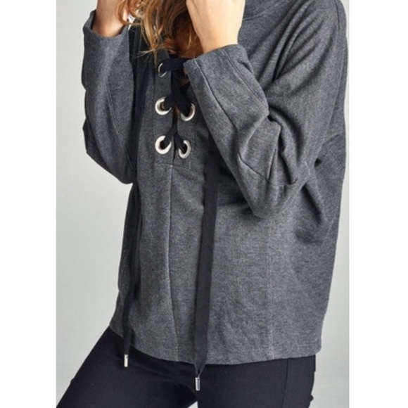 LACE UP FRENCH TERRY HOODIE TOP - Picture 3 of 4