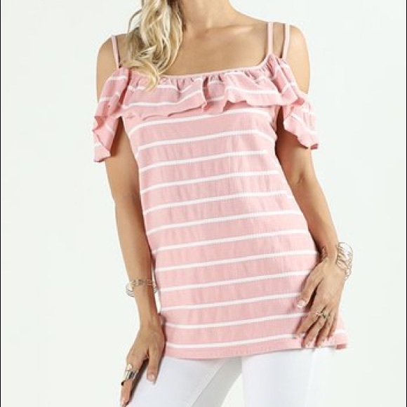 Suzanne Betro Tops - Pink White Cold Shoulder Top