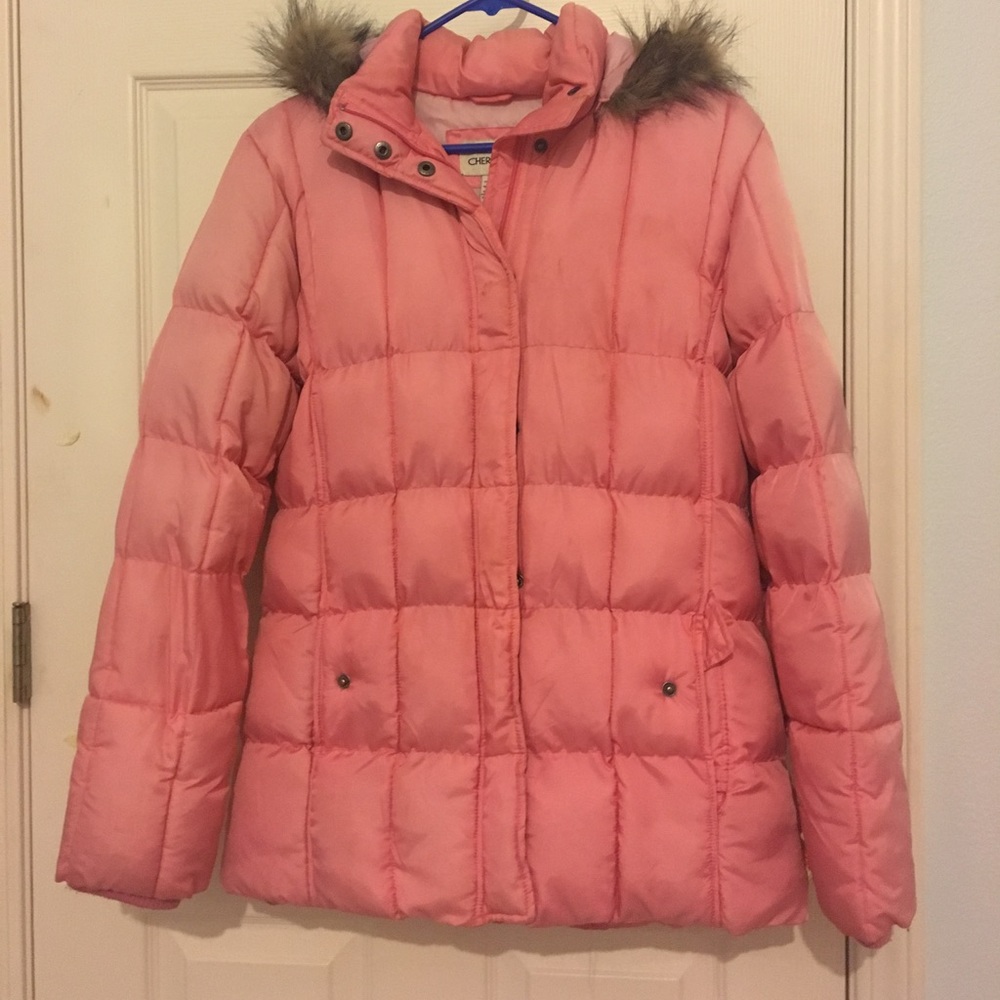 Cherokee pink puffy winter coat with fur hood