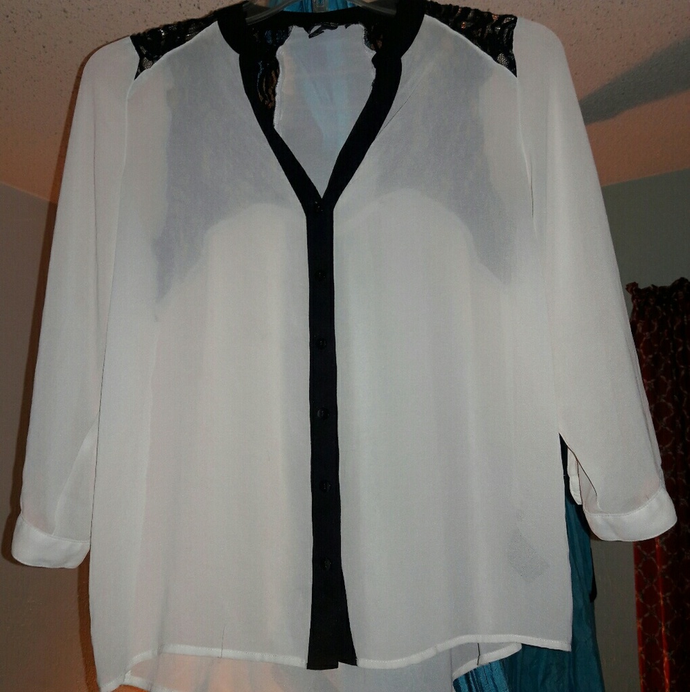Sheer white with Black lace high low blouse