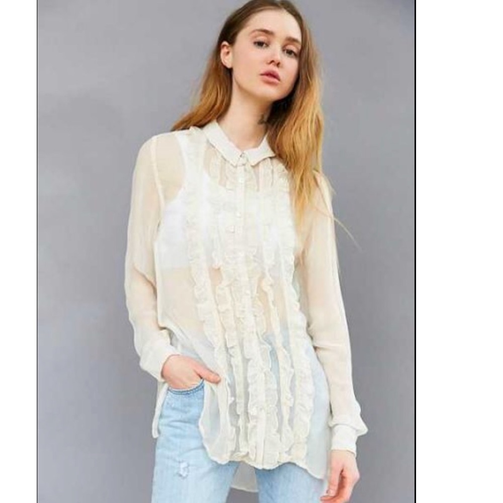 Kimchi Blue Ruffle Blouse XS Sheer Cream Chic - Picture 2 of 8