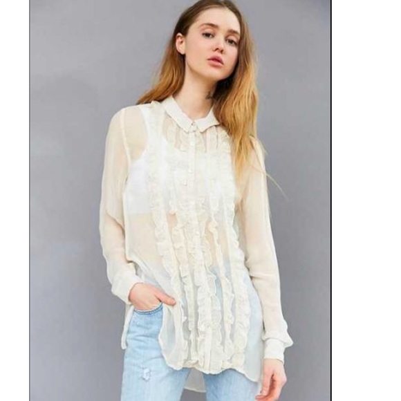 Kimchi Blue Ruffle Blouse XS Sheer Cream Chic - Picture 2 of 8