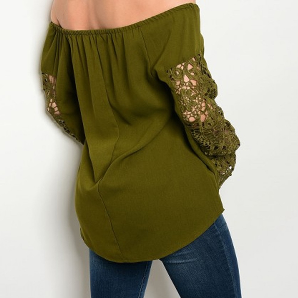  green Off Shoulder Top with Lace Bell Sleeves - Picture 2 of 3