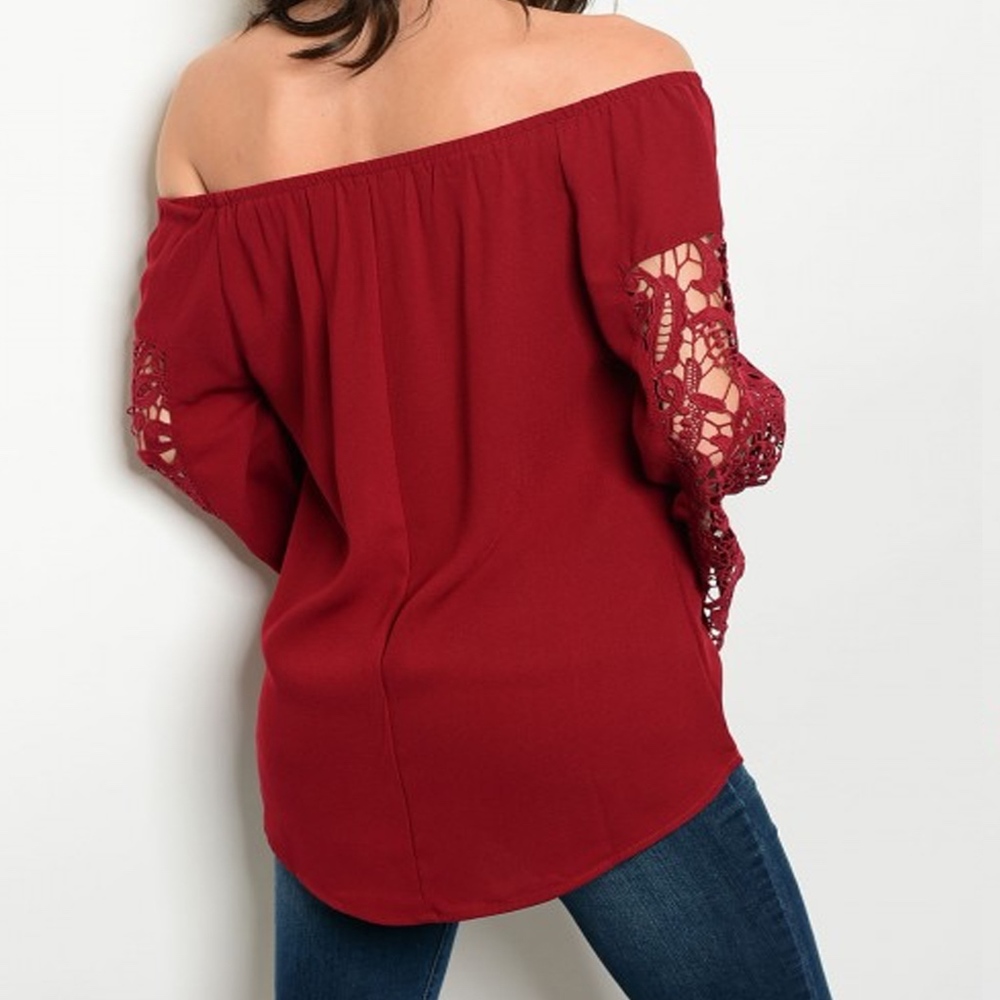  Burgundy Off the Shoulder with Lace Bell Sleeves - Picture 2 of 5