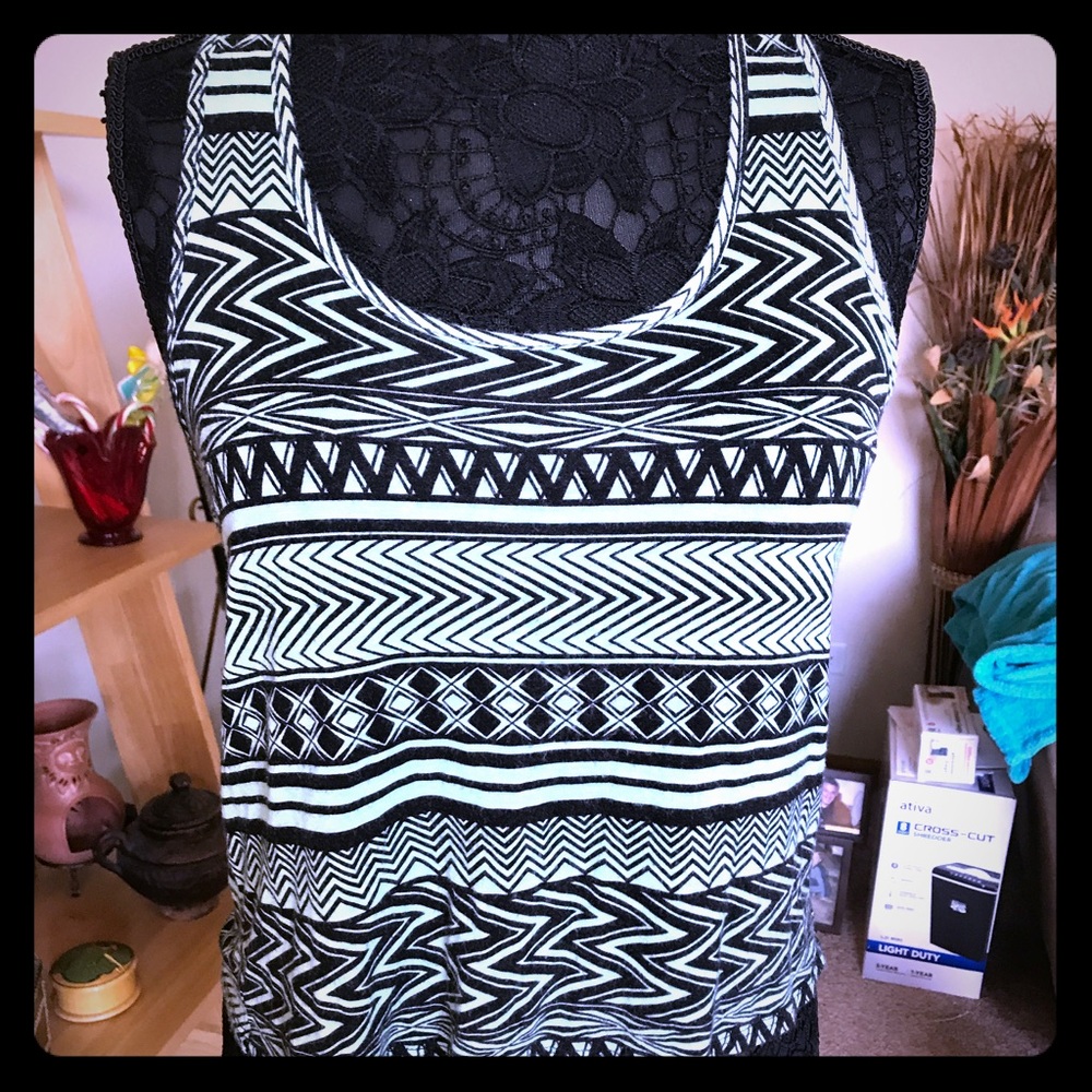 BOHO PRINT LIGHT BLUE AND BLACK RACERBACK TANK TOP