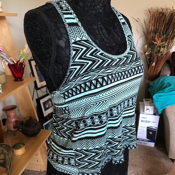 BOHO PRINT LIGHT BLUE AND BLACK RACERBACK TANK TOP - Picture 2 of 5