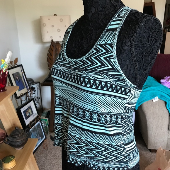 BOHO PRINT LIGHT BLUE AND BLACK RACERBACK TANK TOP - Picture 3 of 5