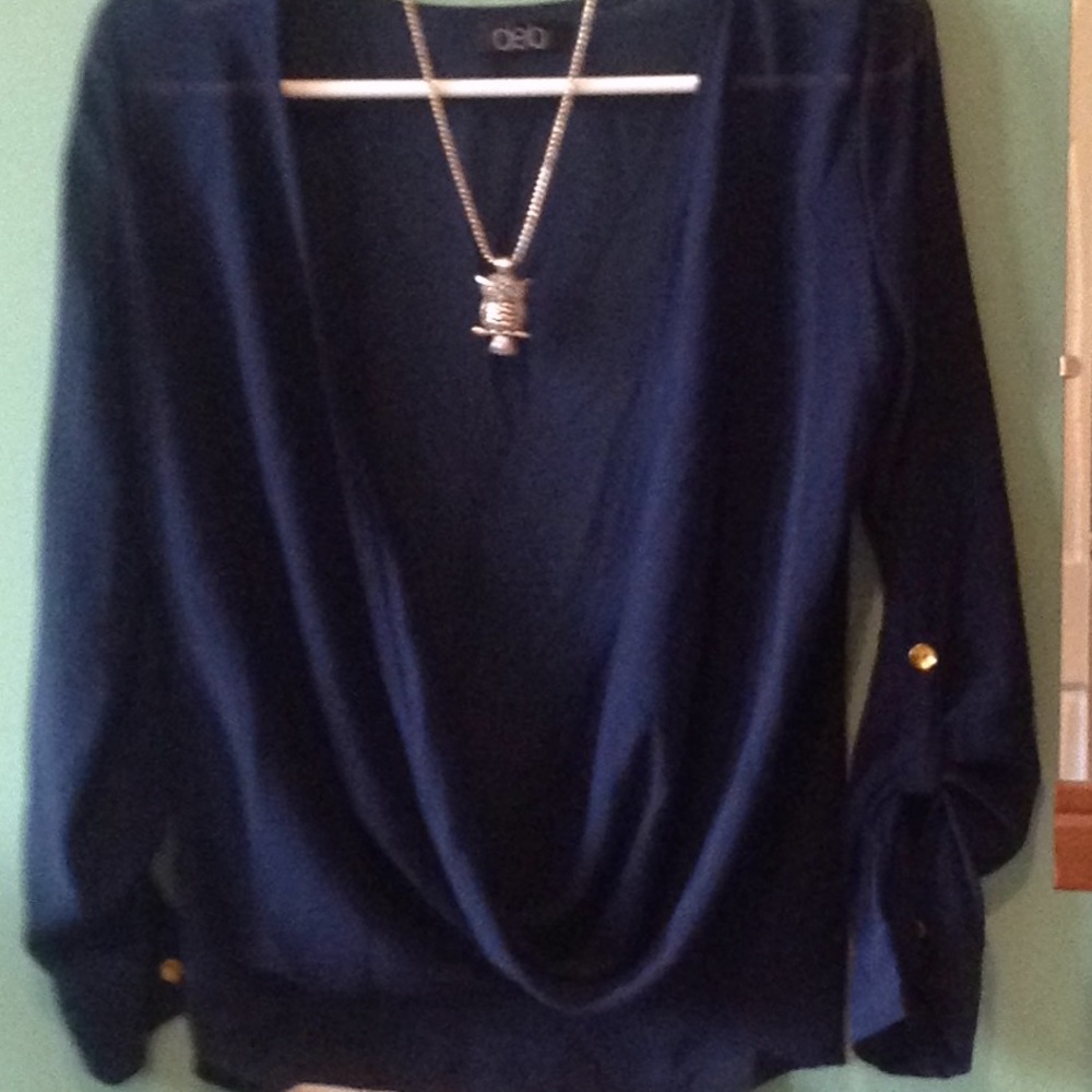 Blue sheer blouse size small with owl necklace