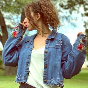 Reworked Rose Embroidered Cropped Denim Jacket