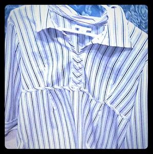 White 3/4 sleeves, blue and red stripes, ties in b