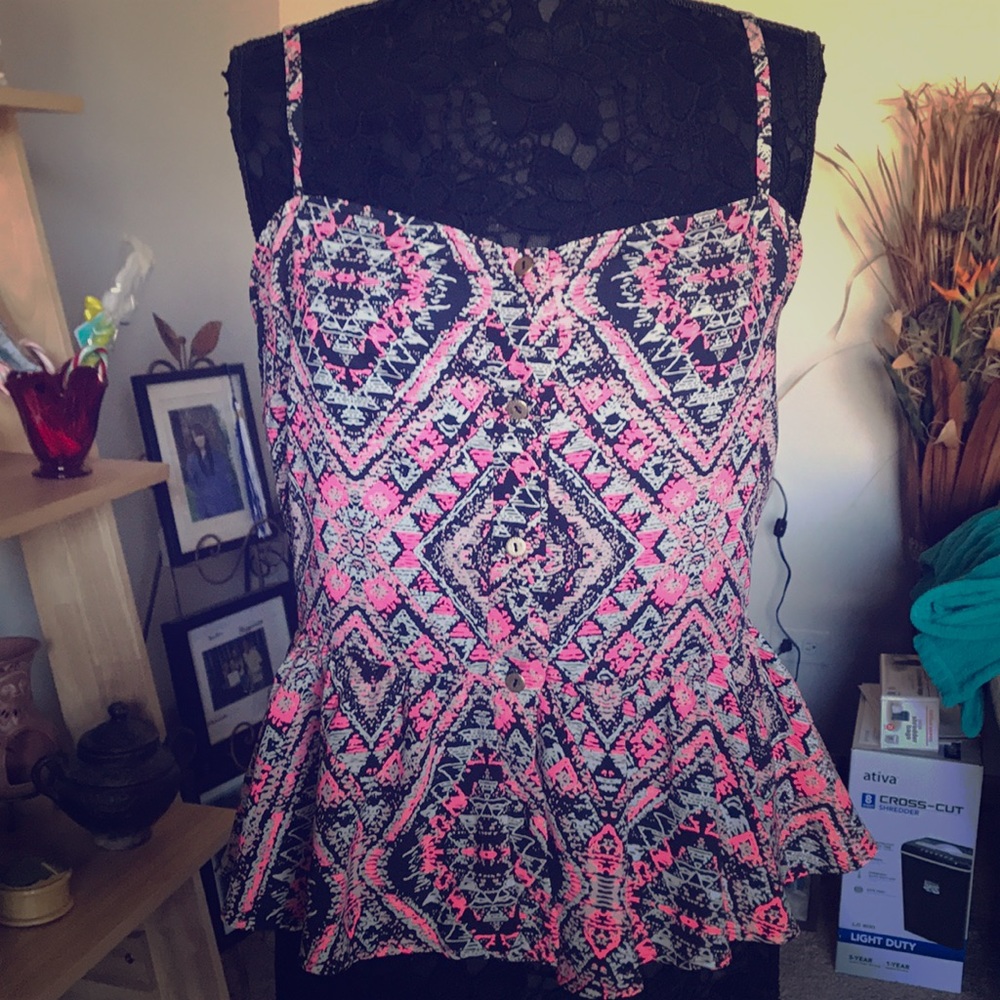 BOHO STYLE PRINT PINK BLACK SPAGHETTI STRAP BLOUSE