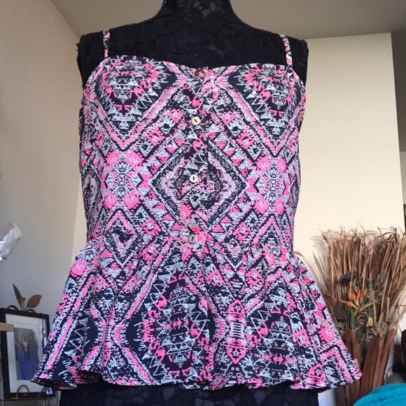 BOHO STYLE PRINT PINK BLACK SPAGHETTI STRAP BLOUSE - Picture 2 of 6