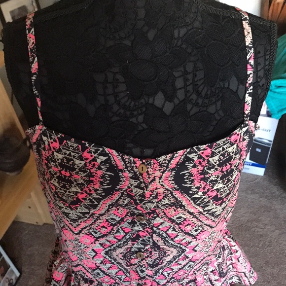 BOHO STYLE PRINT PINK BLACK SPAGHETTI STRAP BLOUSE - Picture 3 of 6