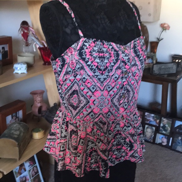 BOHO STYLE PRINT PINK BLACK SPAGHETTI STRAP BLOUSE - Picture 4 of 6