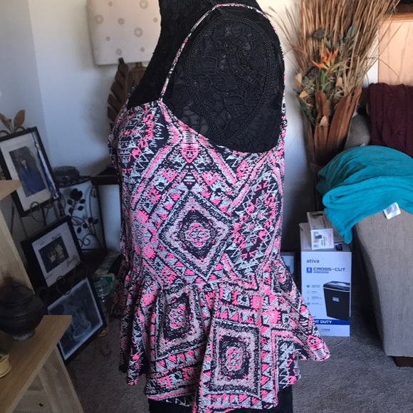 BOHO STYLE PRINT PINK BLACK SPAGHETTI STRAP BLOUSE - Picture 5 of 6