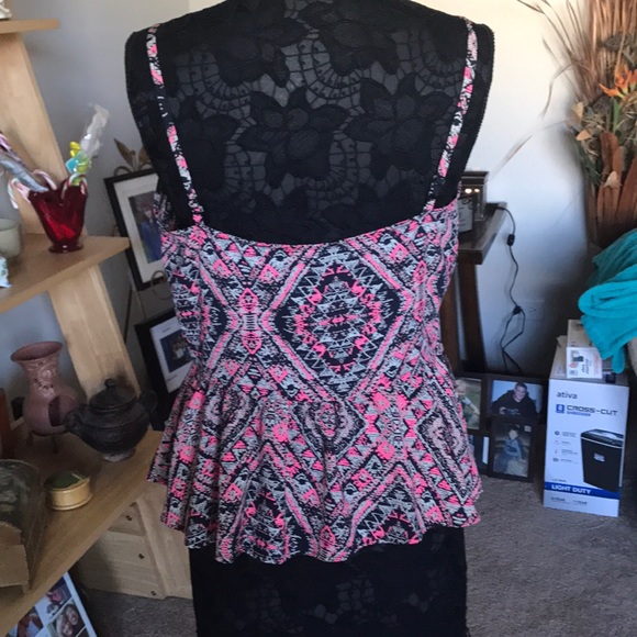 BOHO STYLE PRINT PINK BLACK SPAGHETTI STRAP BLOUSE - Picture 6 of 6